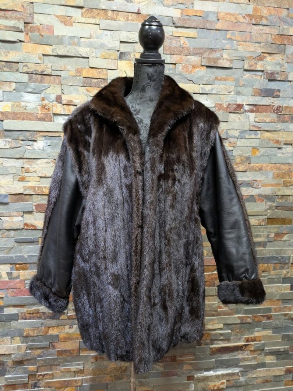 Dark Brown Real Ranch Mink Jacket with Genuine Black Leather Sleeves Large XL